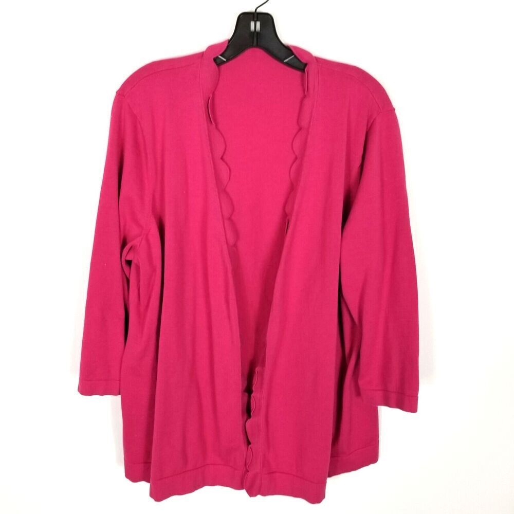 Talbots Women Plus Cotton Scallop Hem Cardigan Sz 3X Pink Open Front Preppy